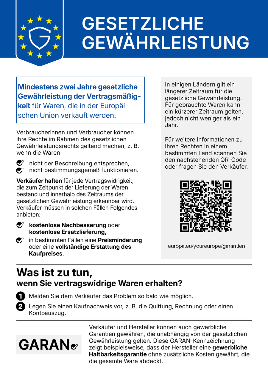 EU-Hinweis zur gesetzlichen Gewährleistung: mindestens zwei Jahre Gewährleistung für in der EU verkaufte Waren